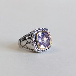 Vintage Cushion Cut Amethyst Silver-plated Ring Vine Frame Open Pebble Design